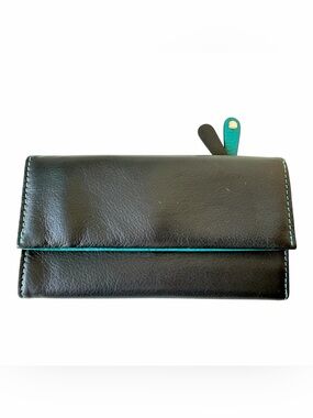 Bosca Leather Navy Blue & Aqua Fold Over Wallet